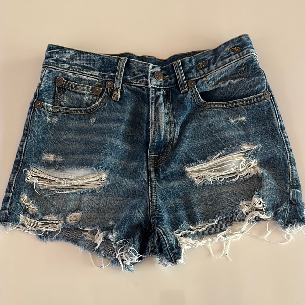 R13 Blue Distressed Jean Shorts with Frayed Hem
